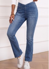 Denim Blue bottoms,Plain Color bottoms,ROTITA Soft Denim Blue Flare Leg Elastic Waist Jeans