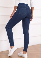 Denim Blue bottoms,Plain Color bottoms,ROTITA Soft Denim Blue Skinny Elastic Waist High Waisted Jeans