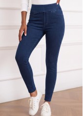 Denim Blue bottoms,Plain Color bottoms,ROTITA Soft Denim Blue Skinny Elastic Waist High Waisted Jeans