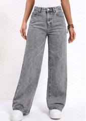 Rotita Soft Grey Wide Leg High Waisted Jeans mit Knopfleiste