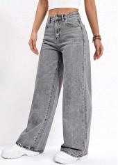 Grey bottoms,Plain Color bottoms,ROTITA Soft Grey Wide Leg Button Fly High Waisted Jeans
