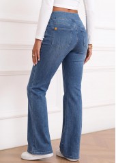 Denim Blue bottoms,Plain Color bottoms,ROTITA Soft Denim Blue Flare Leg Elastic Waist Jeans