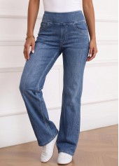 Denim Blue bottoms,Plain Color bottoms,ROTITA Soft Denim Blue Flare Leg Elastic Waist Jeans