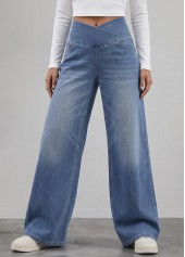 Denim Blue bottoms,Plain Color bottoms,ROTITA Soft Denim Blue Wide Leg Elastic Waist Jeans