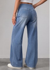 Denim Blue bottoms,Plain Color bottoms,ROTITA Soft Denim Blue Wide Leg Elastic Waist Jeans