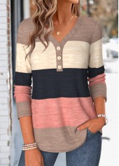 Multi Color tops,Striped tops,Geometric tops,ROTITA Curved Hem Striped Multi Color V Neck T Shirt