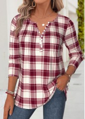 ROTITA Tuck Stitch Plaid Red Split Neck T Shirt