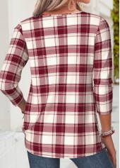Red tops,Plaid tops,Geometric tops,ROTITA Tuck Stitch Plaid Red Split Neck T Shirt