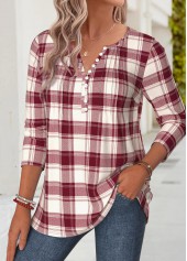 Red tops,Plaid tops,Geometric tops,ROTITA Tuck Stitch Plaid Red Split Neck T Shirt