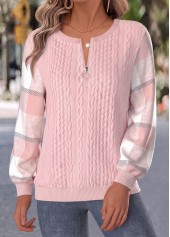 ROTITA Button Plaid Light Pink Long Sleeve Sweatshirt