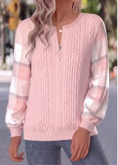 Light Pink tops,Plaid tops,Geometric tops,ROTITA Button Plaid Light Pink Long Sleeve Sweatshirt