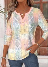ROTITA Curved Hem Geometric Print Multi Color T Shirt