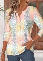 Multi Color tops,Geometric tops,ROTITA Curved Hem Geometric Print Multi Color T Shirt