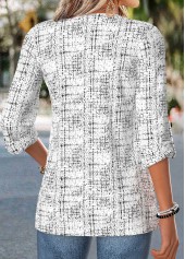 Raw white tops,Geometric tops,ROTITA Curved Hem Geometric Print Raw White Split Neck Blouse