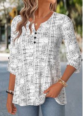 Raw white tops,Geometric tops,ROTITA Curved Hem Geometric Print Raw White Split Neck Blouse
