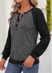 Dark Grey Marl tops,Contrast Color tops,ROTITA Tummy Coverage Dark Grey Marl Split Neck Sweatshirt