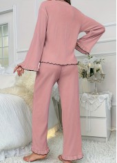 Pink loungewear,Contrast Color loungewear,Pink V Neck Long Sleeve Lounge Top and Pants