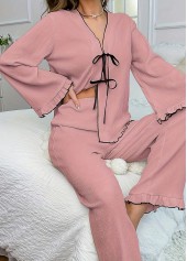 Pink loungewear,Contrast Color loungewear,Pink V Neck Long Sleeve Lounge Top and Pants
