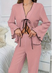 Pink loungewear,Contrast Color loungewear,Pink V Neck Long Sleeve Lounge Top and Pants