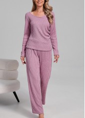 Pink loungewear,Plain Color loungewear,Pink Scoop Neck Long Sleeve Lounge Top and Pants