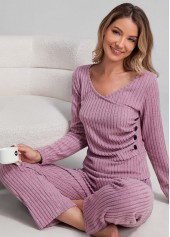 Pink loungewear,Plain Color loungewear,Pink Scoop Neck Long Sleeve Lounge Top and Pants