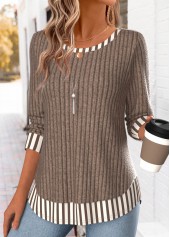Dark Coffee tops,Striped tops,Geometric tops,ROTITA Fake 2in1 Striped Dark Coffee Round Neck T Shirt