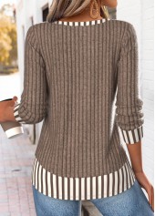 Dark Coffee tops,Striped tops,Geometric tops,ROTITA Fake 2in1 Striped Dark Coffee Round Neck T Shirt