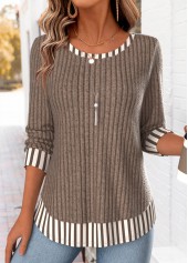 ROTITA Fake 2in1 Striped Dark Coffee Round Neck T Shirt