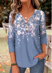 ROTITA Curved Hem Floral Print Blue Split Neck T Shirt