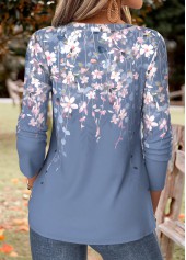 Blue tops,Floral tops,Plants tops,ROTITA Curved Hem Floral Print Blue Split Neck T Shirt