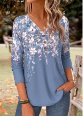Blue tops,Floral tops,Plants tops,ROTITA Curved Hem Floral Print Blue Split Neck T Shirt