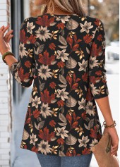 Black tops,Plants tops,ROTITA Leaf Print Black V Neck Fake Two Piece Twinset