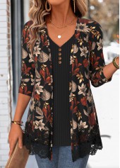 ROTITA Leaf Print Black V Neck Fake Two Piece Twinset