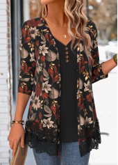 Black tops,Plants tops,ROTITA Leaf Print Black V Neck Fake Two Piece Twinset