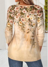 Light Coffee tops,Floral tops,Plants tops,ROTITA Curved Hem Floral Print Light Coffee T Shirt