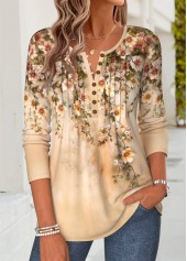 Light Coffee tops,Floral tops,Plants tops,ROTITA Curved Hem Floral Print Light Coffee T Shirt