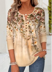 ROTITA Curved Hem Floral Print Light Coffee T Shirt