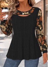 ROTITA Layered Floral Print Black Round Neck T Shirt