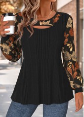 Black tops,Floral tops,Plants tops,ROTITA Layered Floral Print Black Round Neck T Shirt