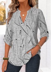 ROTITA Curved Hem Geometric Print Light Grey Marl Shirt