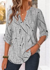 Light Grey Marl tops,Geometric tops,ROTITA Curved Hem Geometric Print Light Grey Marl Shirt