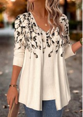 Beige tops,Floral tops,Plants tops,ROTITA Floral Print Beige Fake Two Piece Twinset