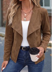 Dark Coffee tops,Plain Color tops,ROTITA Dark Coffee Turn Down Collar Long Sleeve Jacket