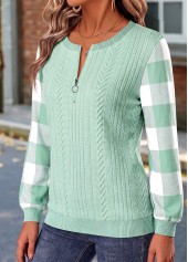 Sage Green tops,Plaid tops,Geometric tops,ROTITA Button Plaid Sage Green Long Sleeve Sweatshirt