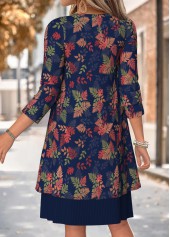 Navy dresses,Plants dresses,Everyday dresses,Casual dresses,ROTITA Navy Leaf Print Two-piece Round Neck Dress and Cardigan