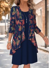 Navy dresses,Plants dresses,Everyday dresses,Casual dresses,ROTITA Navy Leaf Print Two-piece Round Neck Dress and Cardigan