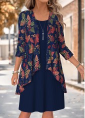 ROTITA Navy Leaf Print Two-piece Round Neck Dress and Cardigan