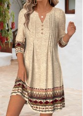 ROTITA Light Camel Tribal Print Tuck Stitch Short Dress