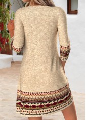 Light Camel dresses,Tribal dresses,Everyday dresses,Casual dresses,ROTITA Light Camel Tribal Print Tuck Stitch Short Dress