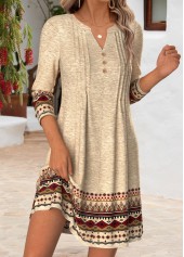 Light Camel dresses,Tribal dresses,Everyday dresses,Casual dresses,ROTITA Light Camel Tribal Print Tuck Stitch Short Dress